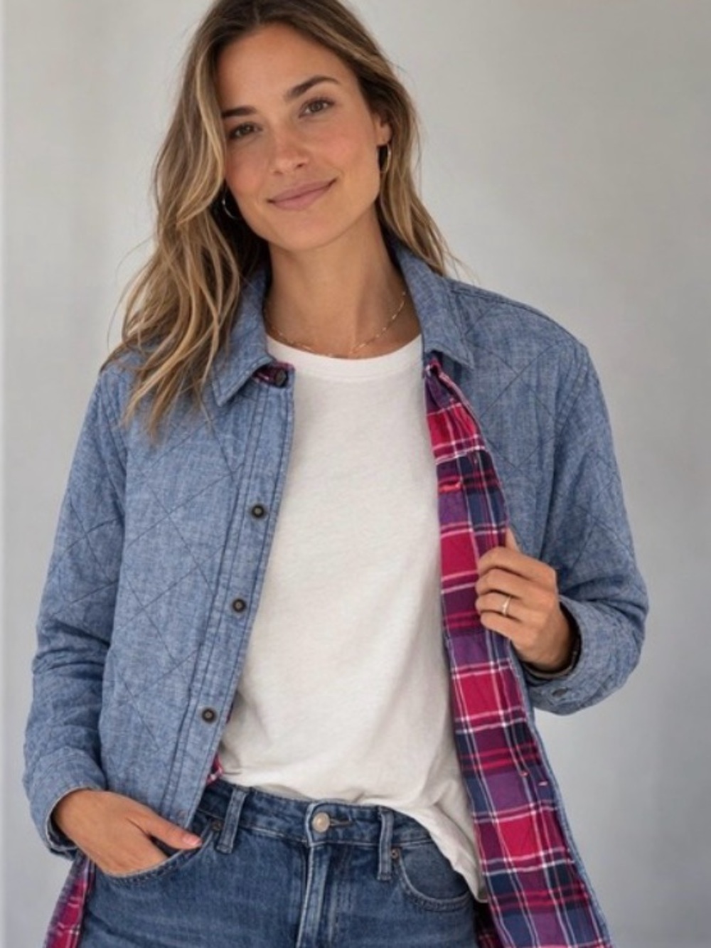 Lands’ End Women’s Reversible Quilted Barn Jacket Plaid Chambray Blue Burgundy